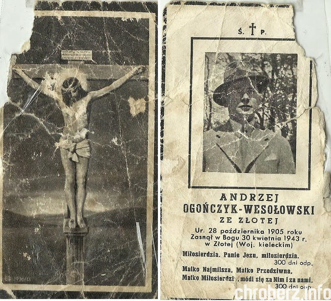 Obrazek z 1943 roku, na rewersie z nekrologiem Andrzeja Wesołowskiego oraz modlitwą